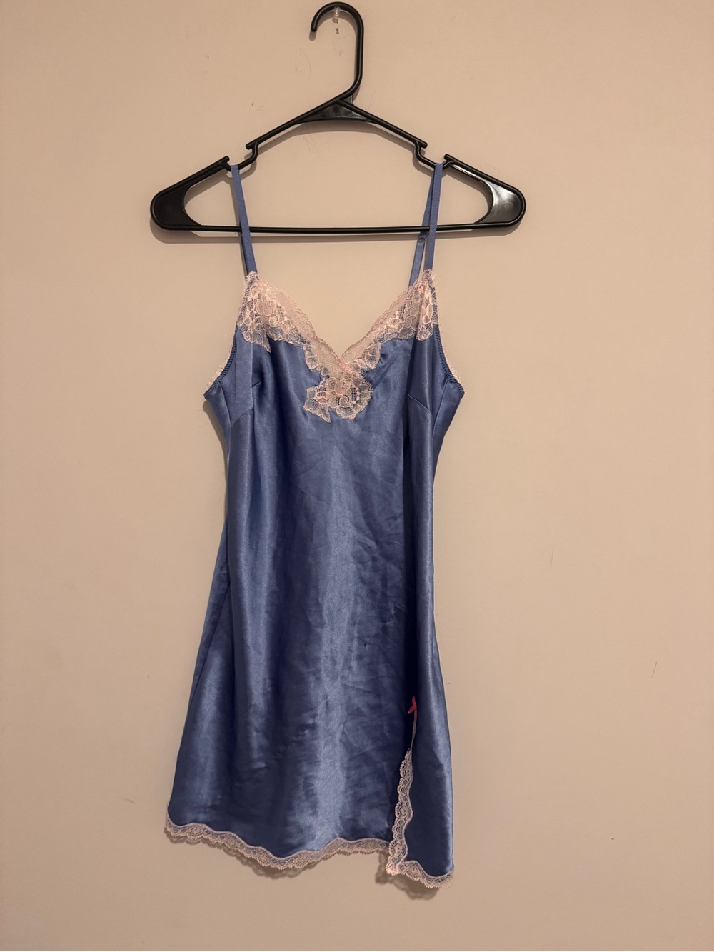 Victoria's Secret Blue Satin Chemise with Cream Lace